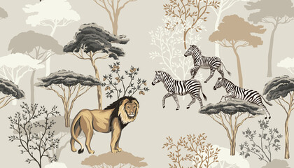 Tropical vintage animal lion, zebra, african trees floral seamless pattern beige background. Exotic safari wallpaper. - 483359689