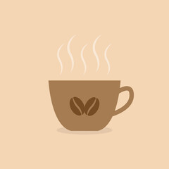 Coffee cup with beans and steam. Vector illustration of mug with hot drink