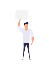 Protesting man in full growth with a banner. Isolated. Flat style, vector.