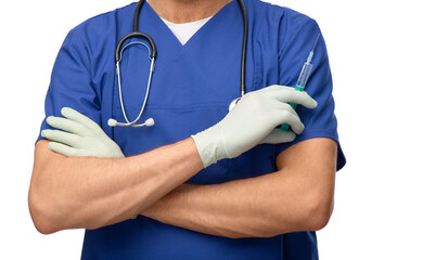 healthcare, vaccination and medicine concept - close up of doctor or male nurse in blue uniform and protective medical gloves with stethoscope and syringe over white background