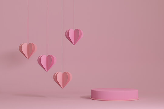Valentines day podium surrounded by hanging hearts in 3D rendering. Cylinder shape for product display with valentine’s day concept. Pink and red colors, Pedestal, Podium, Stand, 3D illustration.