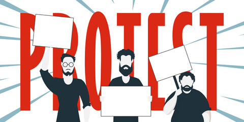 Protest banner. Men protest with banners in their hands. Strike concept. Cartoon style.