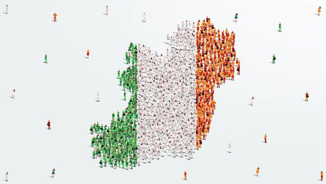 Ireland Map and Flag. A large group of people in the Irish flag color form to create the map. 4K Animation Video.