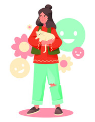 The girl is holding a cat. Animal protection, eco-activism. Vector illustration, character design.