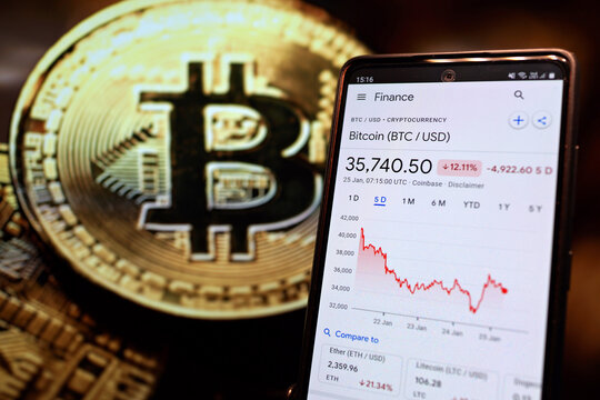 Penang, Malaysia - 25 JAN 2022: Bitcoin sinks to $35K on global stock market sell-off. Bitcoin stock index seen on display screen with defocused bitcoin background.
