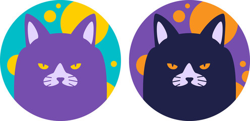 Circle coloured cat icon, cute magenta dark blue kitty, character avatar, angry grumpy animal