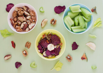 Mix of healthy snacks, fruit chips
