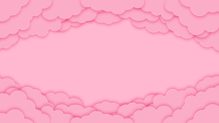 Happy valentines day greeting background in papercut style. Holiday pink banner with paper clouds. Horizontal poster, greeting card flyer. Space for text