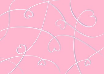 Abstract art background pink color with wavy swirl white lines with heart. Backdrop with silver curve fluid ribbon.
