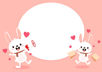 Valentine's day card with Kawaii bunny. Rabbit cartoon vector collection. Small lovely rabbit holds love heart. Valentine's day illustration. Valentine's label. free space for text.