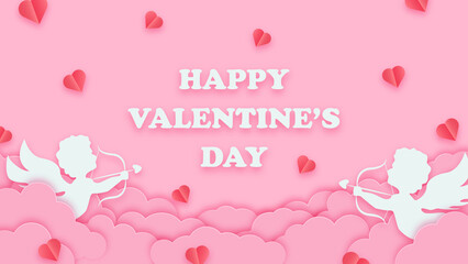 Fototapeta na wymiar Happy valentines day greeting background in papercut style. Holiday pink banner with paper clouds, cupids and hearts. Horizontal poster, greeting card flyer. Place for text