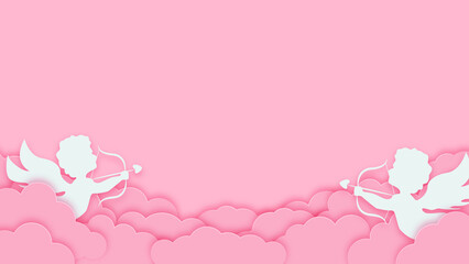 Happy valentines day greeting background in papercut style. Horizontal poster, greeting card flyer. Space for text. Holiday pink banner with clouds and cupids