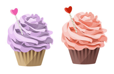 Sweet dessert cupcakes, decorated with hearts, cupcakes on St. Valentine's Day