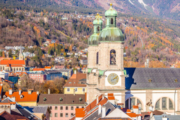 Innsbruck, Austria - 11.21.2021: Aerial landmark of winter Innsbruck. Panorama of old town and...