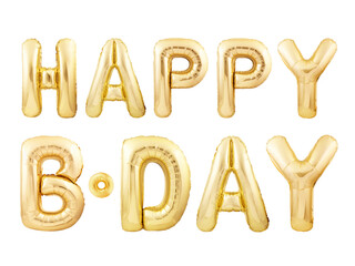 HAPPY B-DAY message made of golden inflatable balloon letters isolated on white background