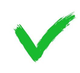 Check green icon. Correct mark. Checkmark sign isolated on white background. Tick box. Hand drawn right symbol. Checklist brush. Approved logo. Positive concept. Select button. Vector illustration