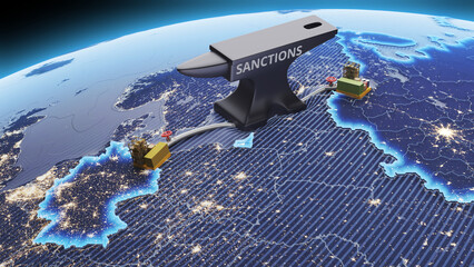 3D render of the construction of the gas pipe Nord Stream 2. The concept of sanctions and economic war, an anvil falling on a gas pipe. 3D rendering
