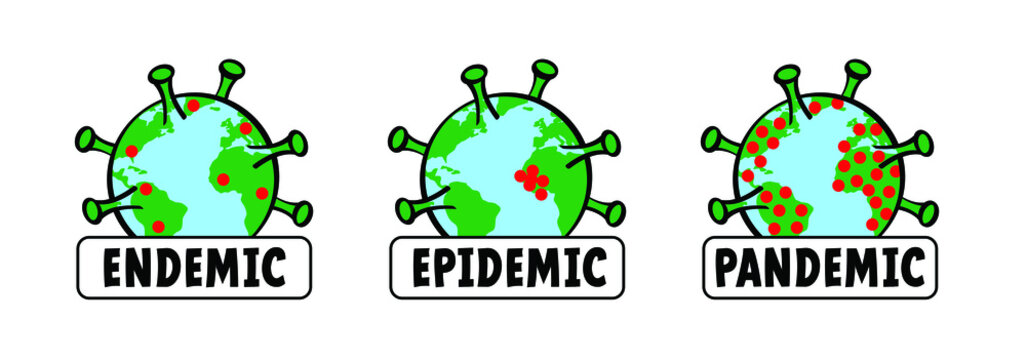 pandemic, epidemic to endemic with cartoon arrow. Corona virus, coronavirus. Covid icon or logo. In infectious diseases, a disease is called endemic when a disease continues to occur in a certain area