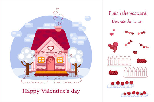 Happy Valentine's Day - greeting card with a picture of a little pink house. Cut out and glue on the right place