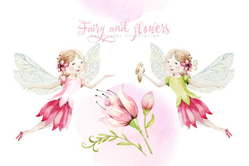 Cute Fairy character watercolor illustration on white background. Magic fantasy cartoon pink fairytale design. Baby girl birthday