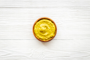 Bowl of guacamole avocado dip. Homemade guacamole cooking
