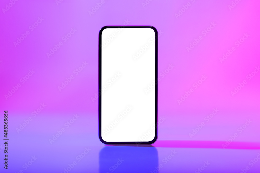 Poster modern smartphone with empty white screen in neon light, mockup for new mobile app or website design