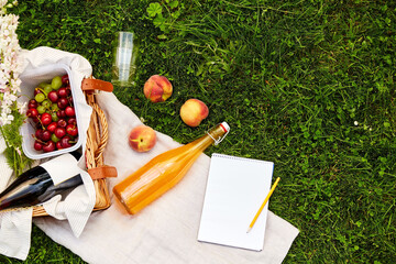 Naklejka na ściany i meble leisure and summer concept - close up of notebook, food, drinks and basket on picnic blanket on grass