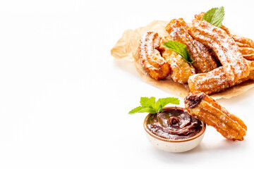 Spanish churros waffles with chocolate and sugar