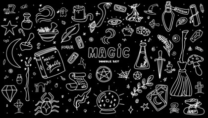 Magic hand drawn doodle set. Vector icons of magic items. Collection halloween elements. Magic broom, potions, fortune-telling cards, runes, books, magic wand, hourglass
