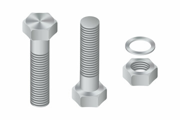 Isometric vector illustration steel bolt and hex nut isolated on white background. Realistic stainless steel bolt and nut icon. Set of isometric screw-nuts and bolts. - obrazy, fototapety, plakaty