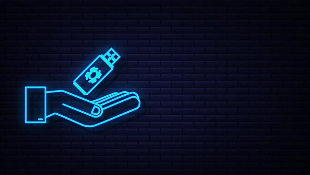 Neon Computer virus on usb flash card in hands. Virus protection. motion graphic
