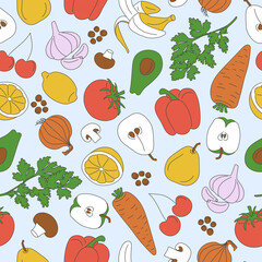 Drawn colored vegetables and fruits. Doodle sketch style. .seamless pattern. vector illustration.