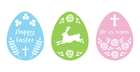 Easter eggs set decorated with flowers, plants, crosses and bunny. Easter eggs ornaments. Vector illustration. 