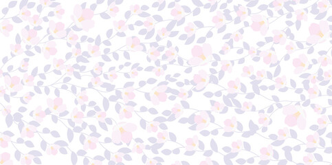 Background with cherry blossom flowers. Vector sakura pattern in flat cartoon style