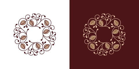 Elegant luxury floral monogram frame template on chocolate brown background. Vintage style cocoa beans vector.