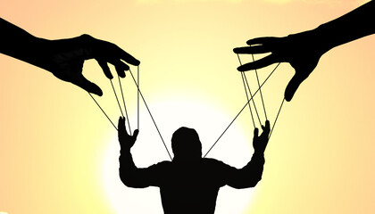 Leaders and concepts of being controlled with psychological persuasion, being in control of life, puppets of society, silhouette, Hands, website, businessmen-3d Rendering