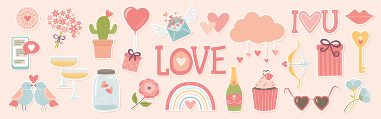 Valentine's day elements set. Gift, heart, balloon, romance, key, rose, cupcake, and others for decorative. Sticker cartoon style. Vector illustration.
