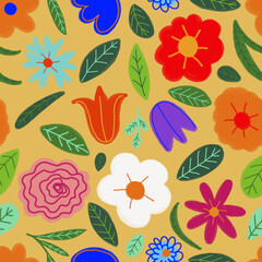 Creative universal artistic background in doodle style. Pattern of flowers and leaves. Hand drawn textures. Trendy graphic design for banner, poster, card, cover, invitation, placard, brochure.