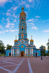 Cathedral of Our Lady's Nativity in summer sunny evening at sunset. Blue stone cathedral church...