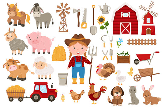Farm life clipart set. Large collection of farm animals, farmer and farming and farming related items. Farm animals and birds, farming tool.