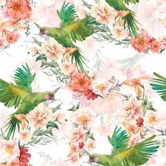 Nahtloses Muster mit Blumen und Vögeln. Pfingstrosenblumen, Rose, grüne Papageien-Aquarellbeschaffenheit. Elegantes Tapetendesign, Stoff- oder Geschenkpapierdruck