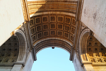 View of the landmarc Arc de Triomphe monument on the Champs-Elysees in Paris, France