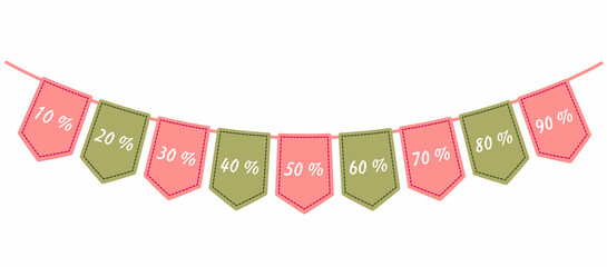 Garland of flags, bunting banner for sales with discount offers. Vector illustration. Flat style. Pink and green.