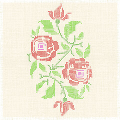 Vector imitation of the vintage blanket with embroidery Rose ornate. Cross stitch rose. Cross-stitch.