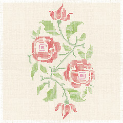 Vector imitation of the vintage blanket with embroidery Rose ornate. Cross stitch rose. Cross-stitch.