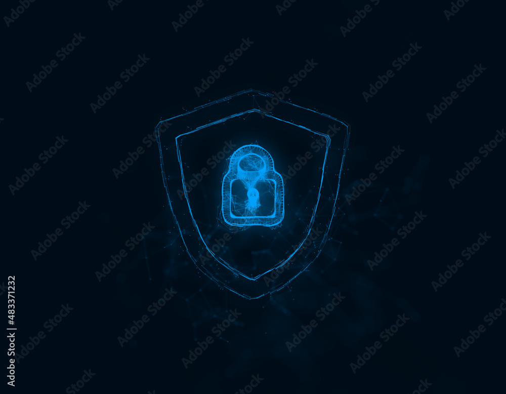 Poster Shield security with lock icon with Plexus effect. Connected lines with dots. Illustration