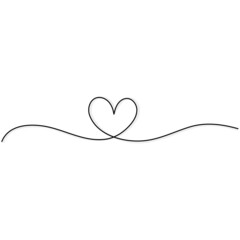One line drawing of a heart symbol with shadow on white background. Vector illustration.