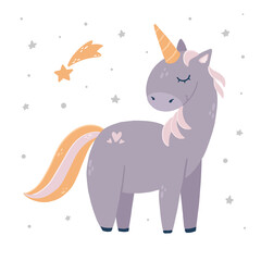cute unicorn with stars isolated on white backgroind. Good for kids apparel prints, stickers, sublimation, nursery posters, greeting cards, etc. EPS 10