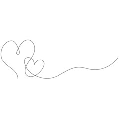Single line drawing of heart icons. One line two heart symbols. Vector illustration.
