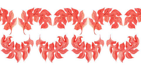 Watercolor set of seamless border with stylized red acanthus leaves